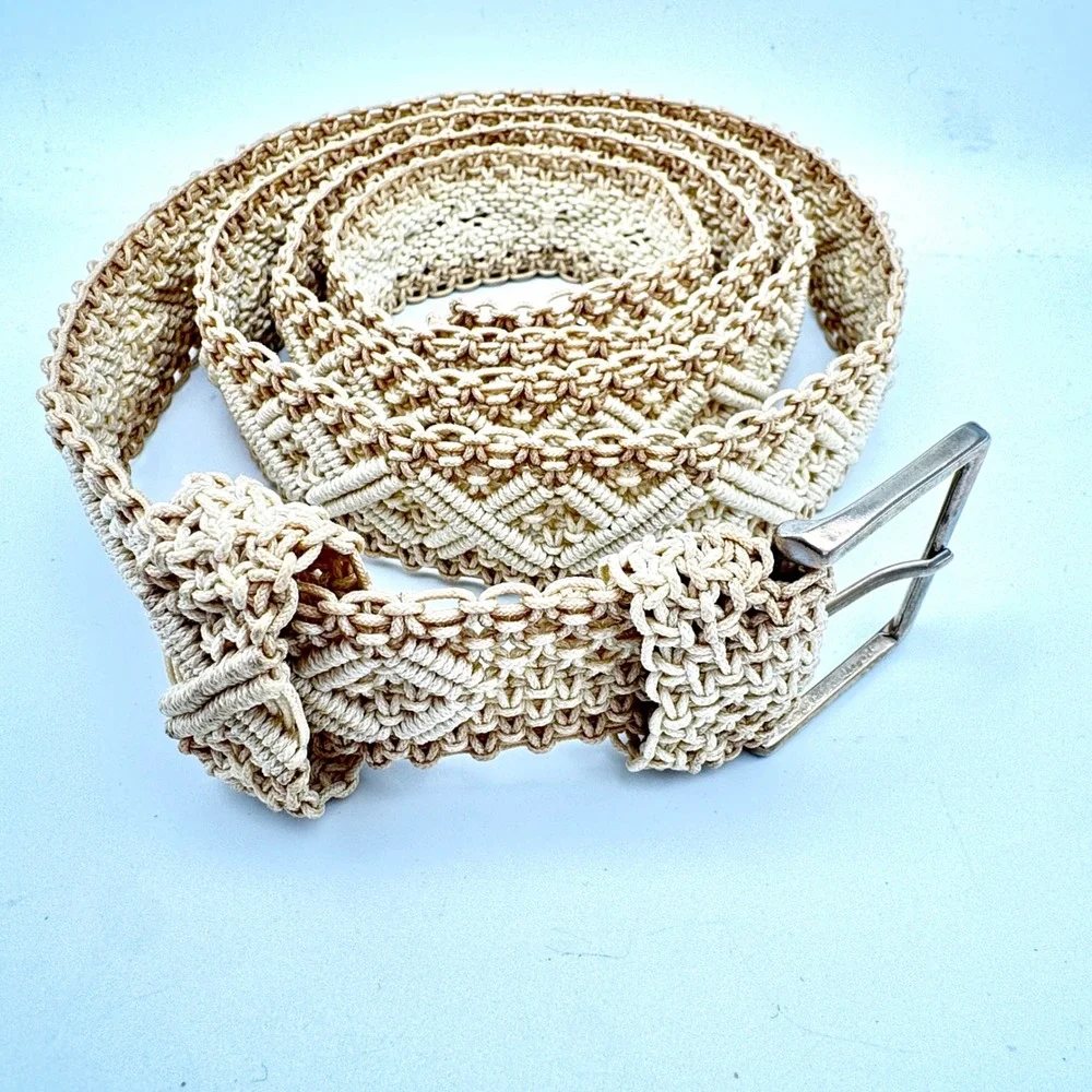 Vintage Beige Macrame Woven Belt Diamond Pattern‎ Boho Silver Buckle 55 Inch
